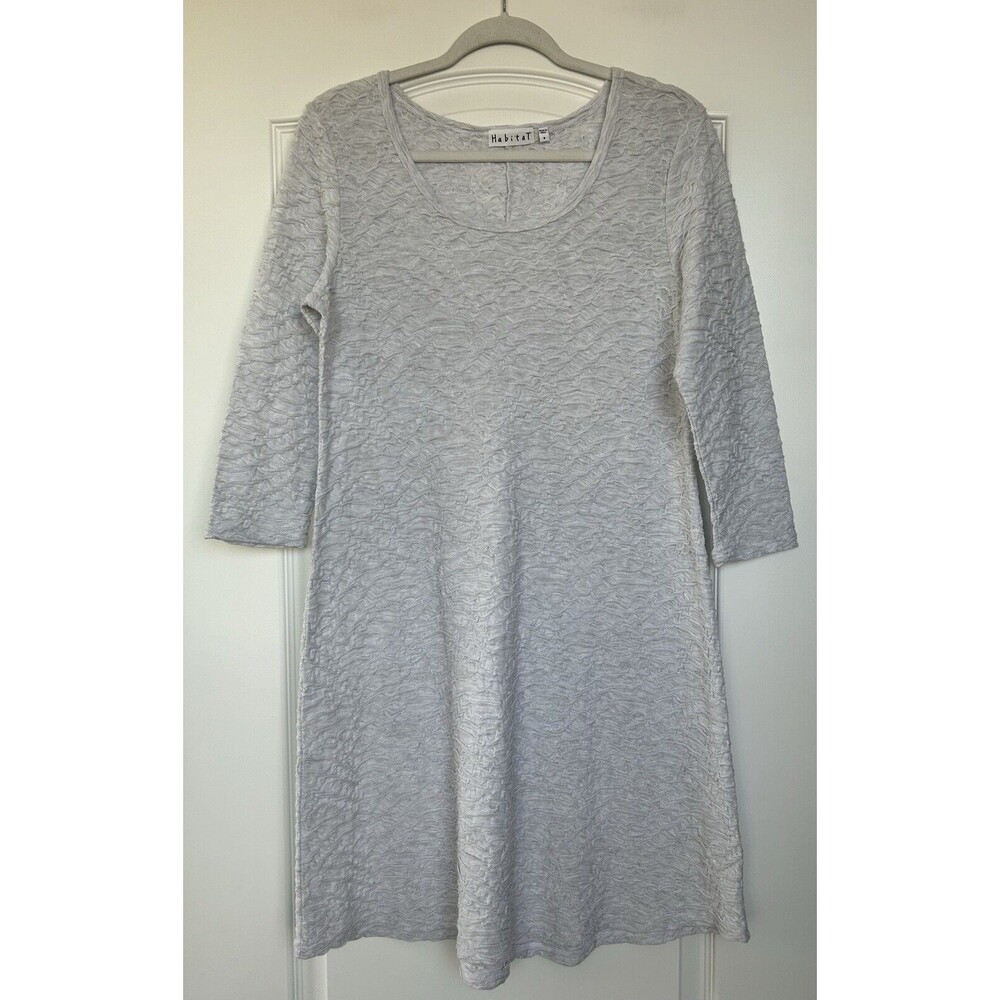 Habitat Dress Womens Size Small Stretch Textured Light Gray Midi 3/4 Sleeve